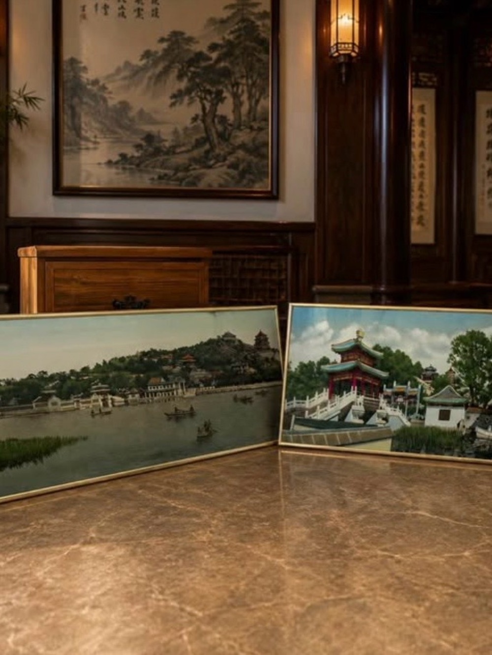 TWO Vintage Oversized Panoramic Textured Asian Landscape Art